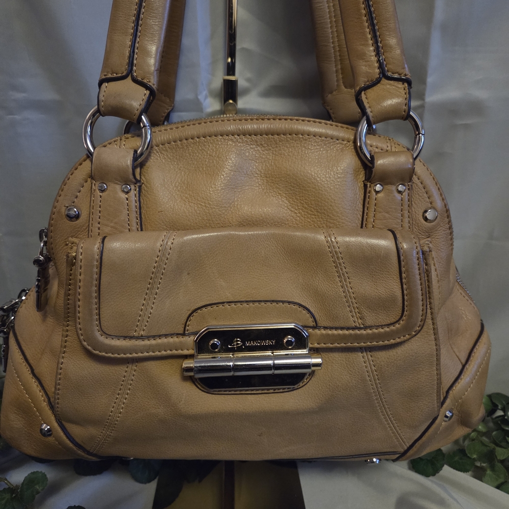 B. Makowsky Genuine Leather Satchel Tan Brown Shoulder Bag w/ Dust Bag - Picture 5 of 17